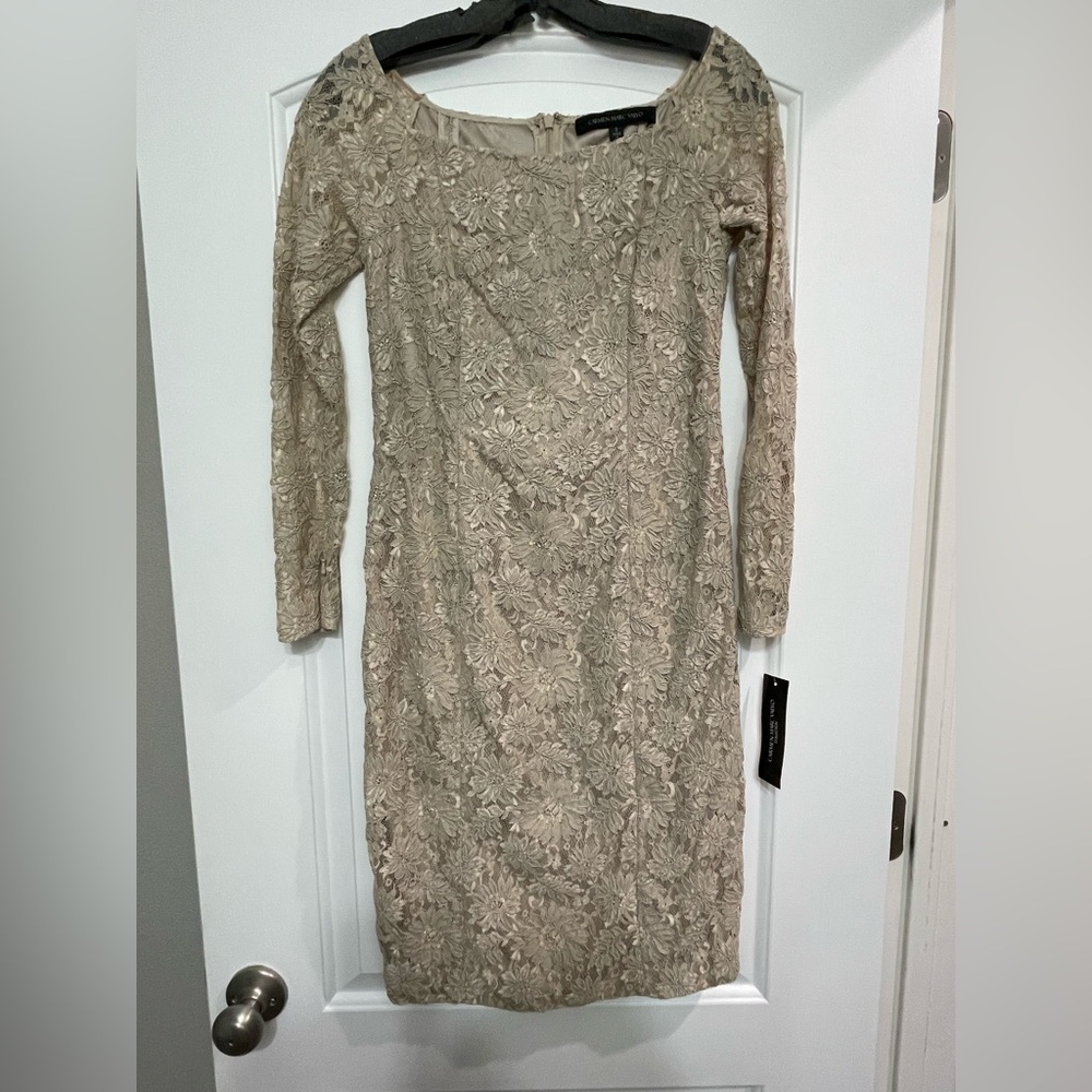 Carmen Marc Valvo Floral Lace Long Sleeve Dress in Beige